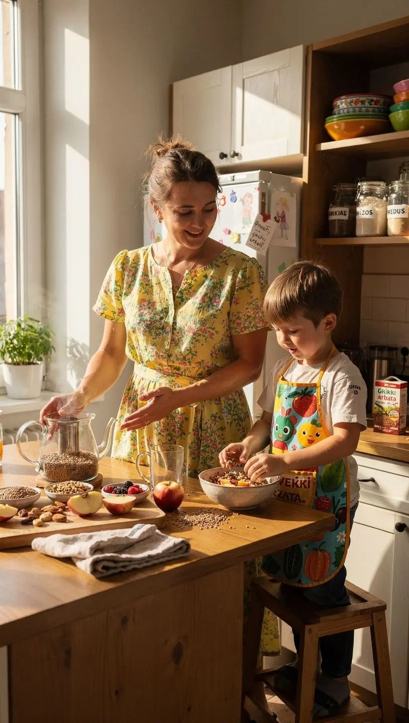 Grikių arbata su rutinu, skirta geresnei kraujotakai, puikiai atrodo ant medinio stalo.