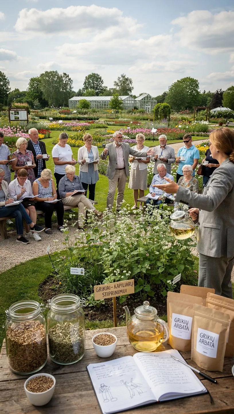 Skanus grikių arbatos puodelis su šviežiais žolelių lapeliais, pabrėžiantis natūralumą.