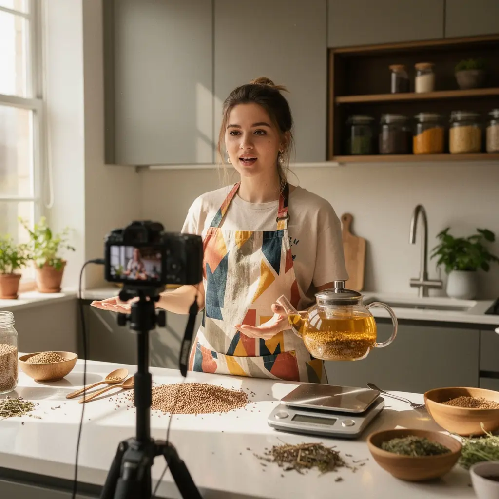 Puodelis grikių arbatos, kuriame matosi garai, simbolizuojantys šilumą ir komfortą.