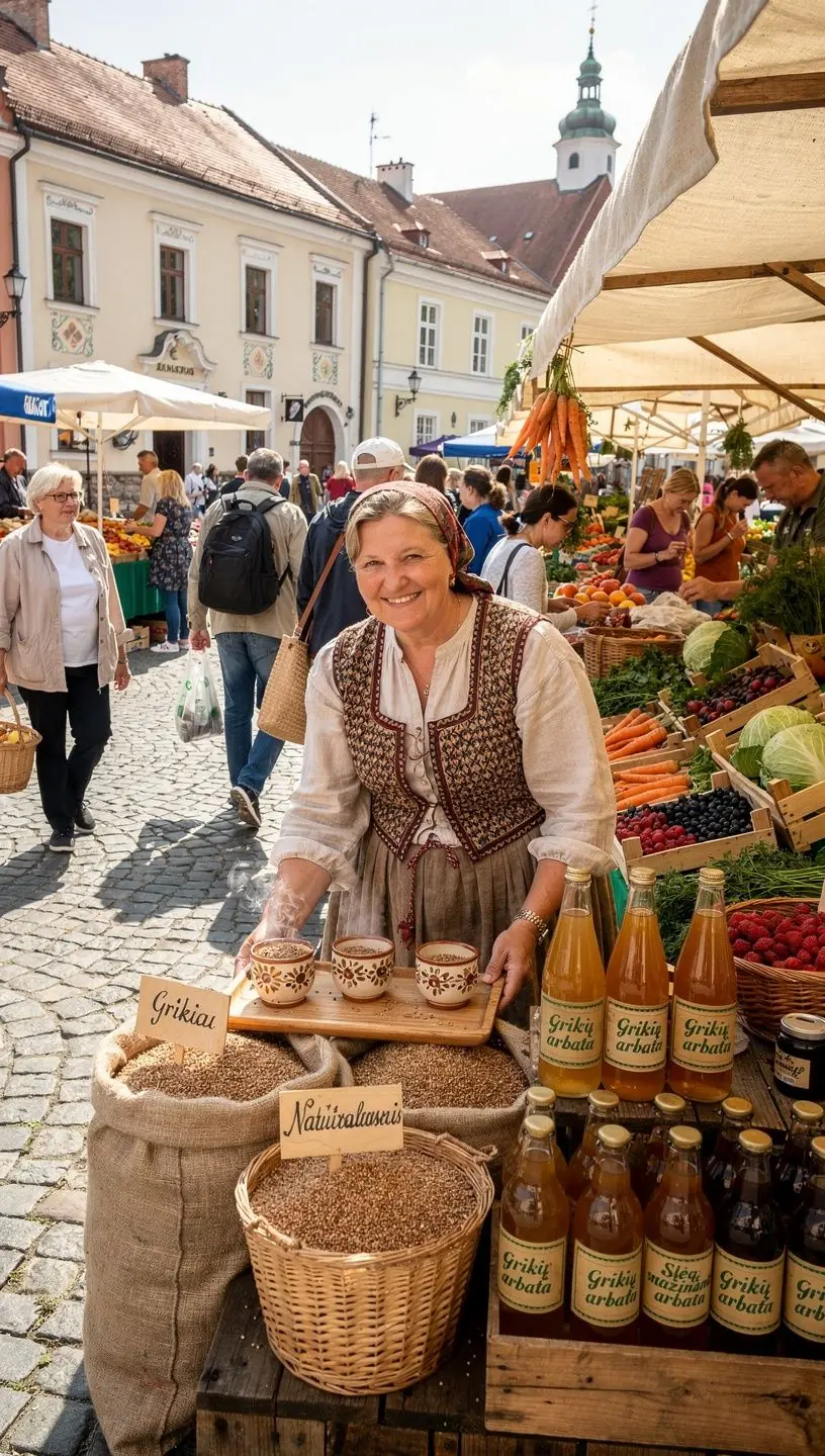 Natūralios grikių arbatos ingredientai, patiekiami ant medinės lentelės, pabrėžiantys ekologiškumą.